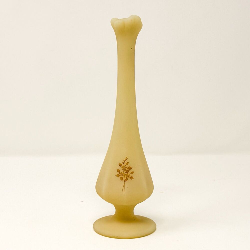 Vintage Fenton Custard Glass Swung Bud Vase Hand Painted Floral Signed 8” - Picture 2 of 6